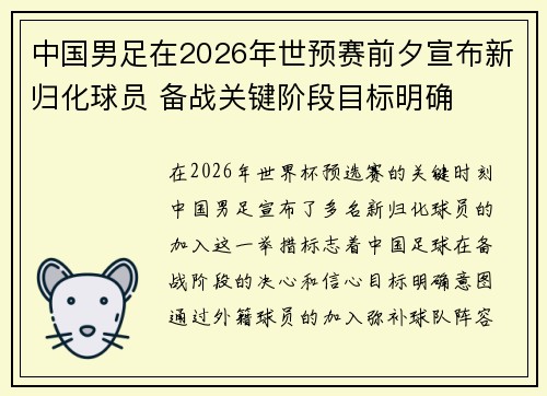 中国男足在2026年世预赛前夕宣布新归化球员 备战关键阶段目标明确