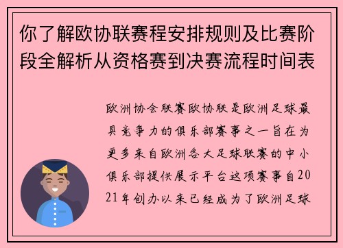 你了解欧协联赛程安排规则及比赛阶段全解析从资格赛到决赛流程时间表详解